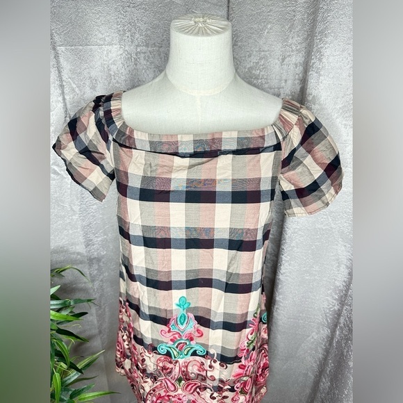 NEW English Factory Multi Plaid Over the Shoulder Mini Dress Embroidered Sz S - Picture 2 of 9